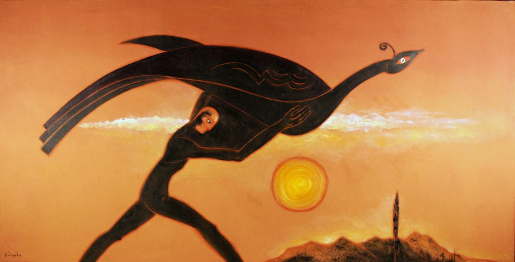 De zwarte vogel en de zon (The black bird and the sun), 2016,  mixed media on canvas, 100 x 200 cm 